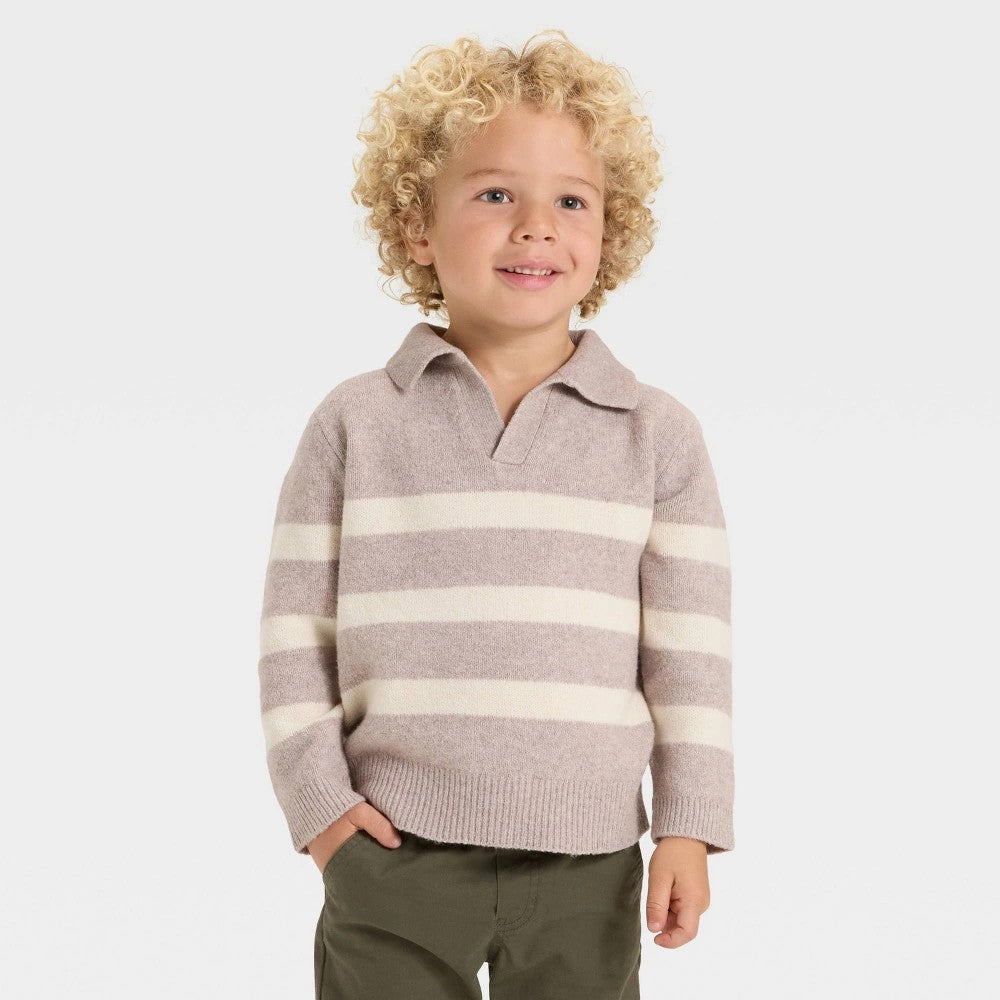 Cat & Jack Toddler Boys' Striped V-Neck Sweater Khaki 3T