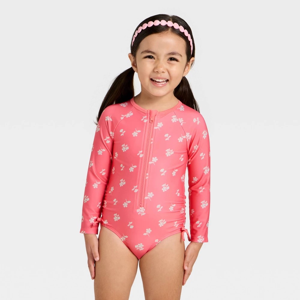 Cat & Jack Toddler Girls' Floral Rash Guard Swimsuit 4T Pink
