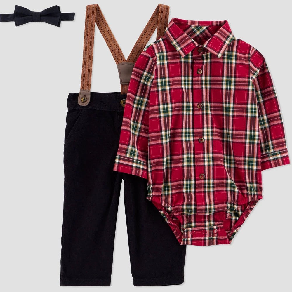 Carter's Baby Boys' 3pc Plaid Suspender Set - Red 9M