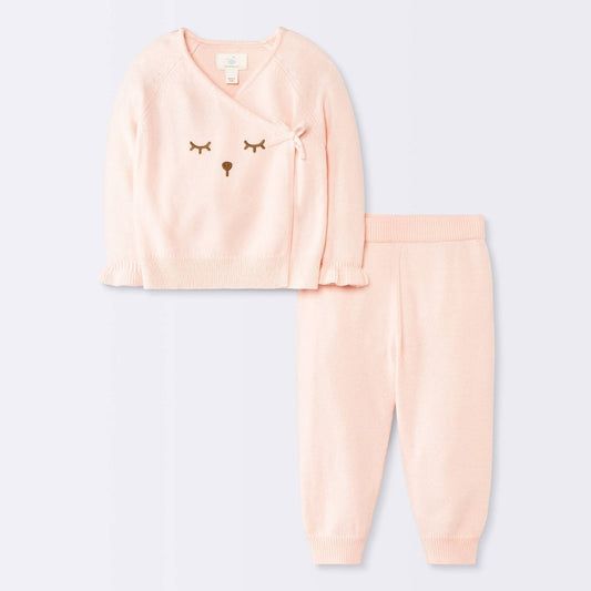 Cloud Island Baby Girls' Bear Face Sweater Set, Pink 6-9M