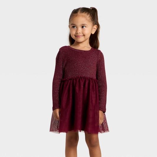 Cat & Jack Toddler Girls' Sparkle Tulle Dress Burgundy 5T