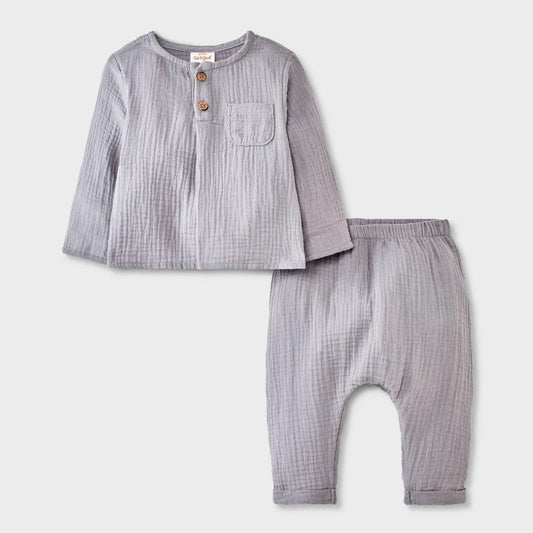 Cat & Jack Baby Boys' Henley Gauze Shirt Pants Set Gray 18M