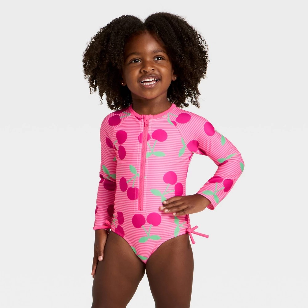 Toddler Girls' Long Sleeve One Piece Striped Cherry Rash Guard Swimsuit - Cat & Jack Bright Pink 5T