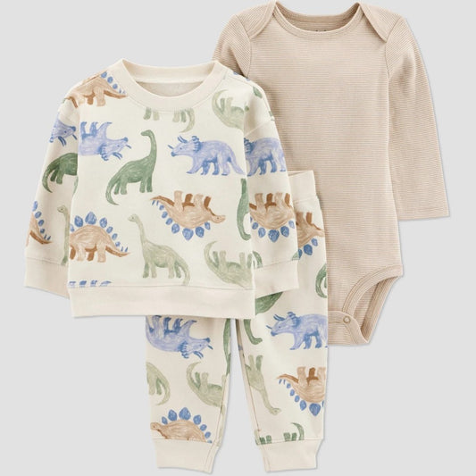 Carter's Baby Boys' 3pc Dinosaur Sweatshirt with Long Sleeve Bodysuit and Jogger Pants Set - 9M