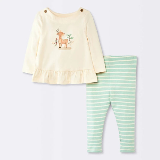Cloud Island Baby Girls' Deer Ruffle T-Shirt & Striped Leggings Set 0-3M