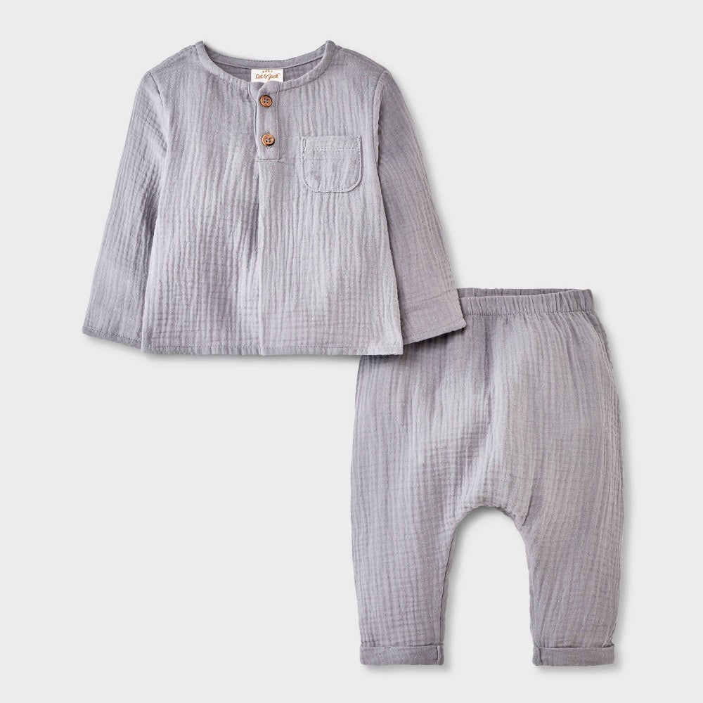 Cat & Jack Baby Boys' Henley Gauze Shirt and Pants Set 0-3M Gray