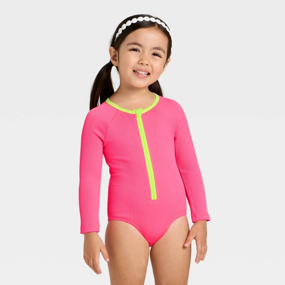 Toddler Girls' Long Sleeve One Piece Ribbed Rash Guard Swimsuit - Cat & Jack Bright Pink 3T