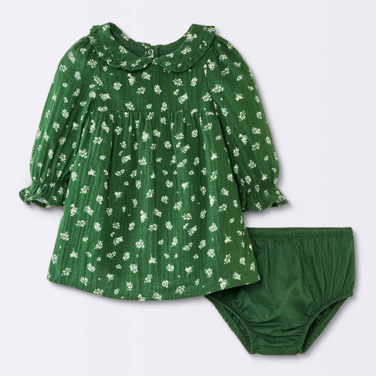 Cloud Island Baby Girls' Floral Ruffle Dress Green 3-6M