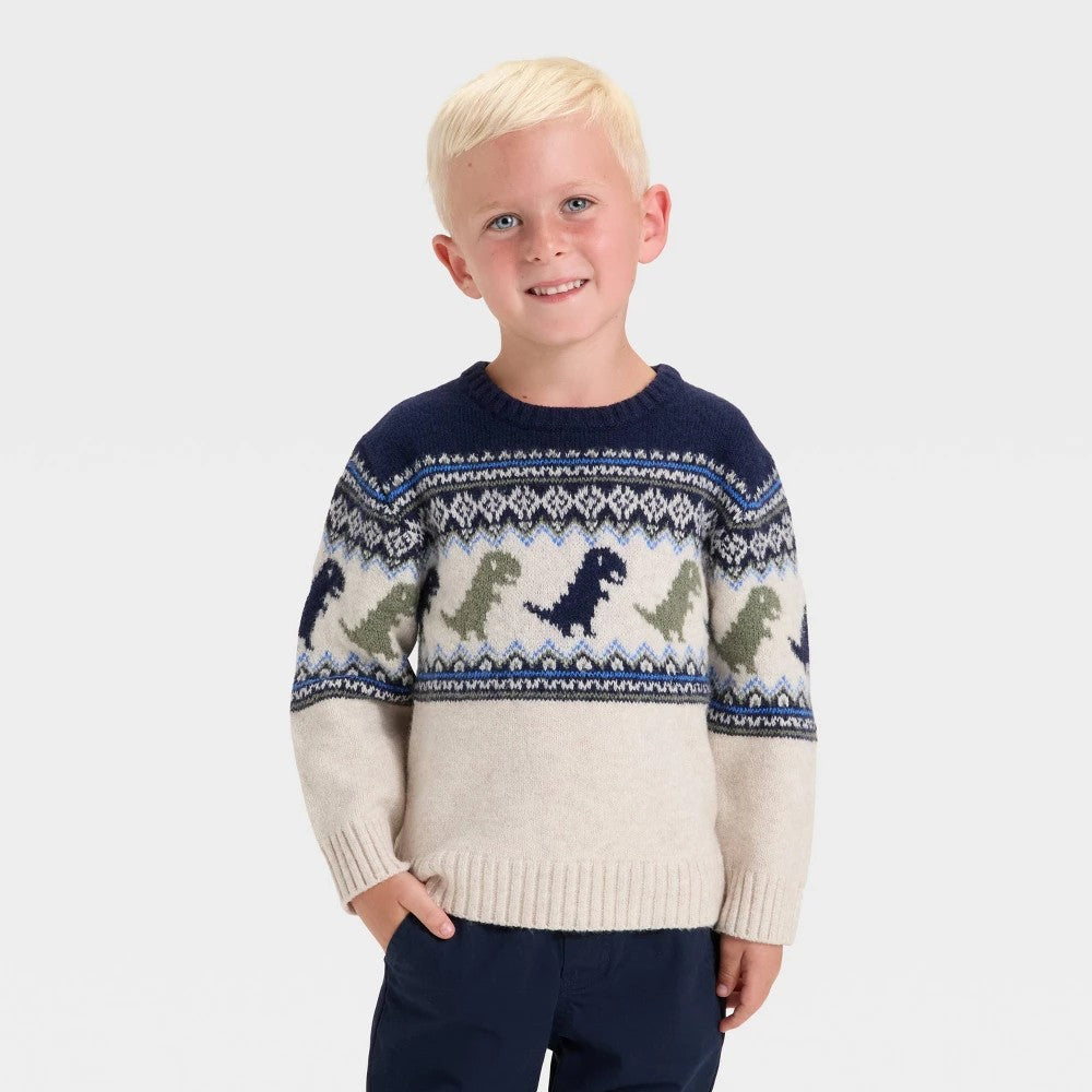 Cat & Jack Toddler Boys' Dino Fairisle Sweater - Beige 18M