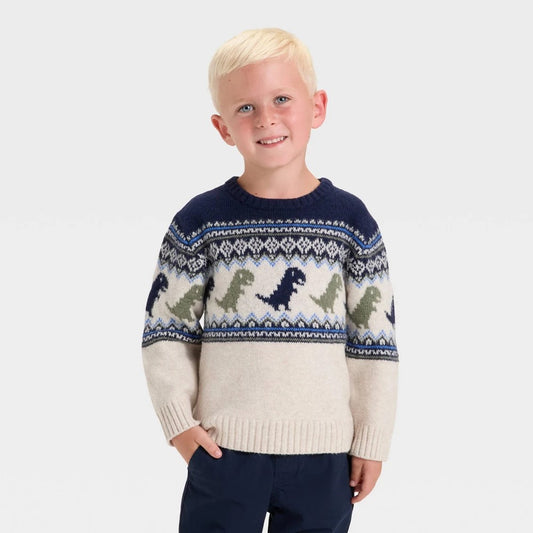Cat & Jack Toddler Boys' Dino Fairisle Sweater - Beige 18M
