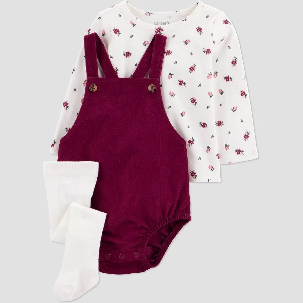 Carter's Baby Girls' 3pc Floral Romper Set - Burgundy 3M