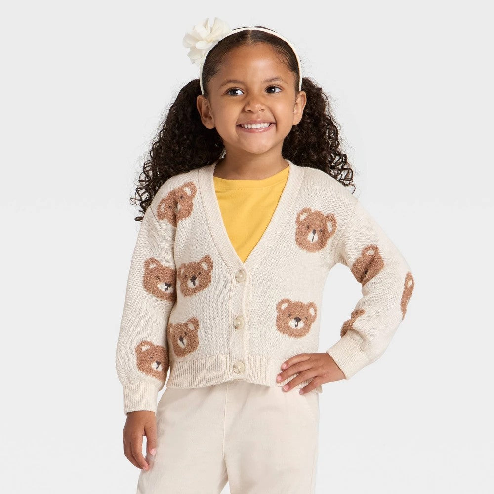 Cat & Jack Toddler Girls' Bears Cardigan, Oatmeal 3T