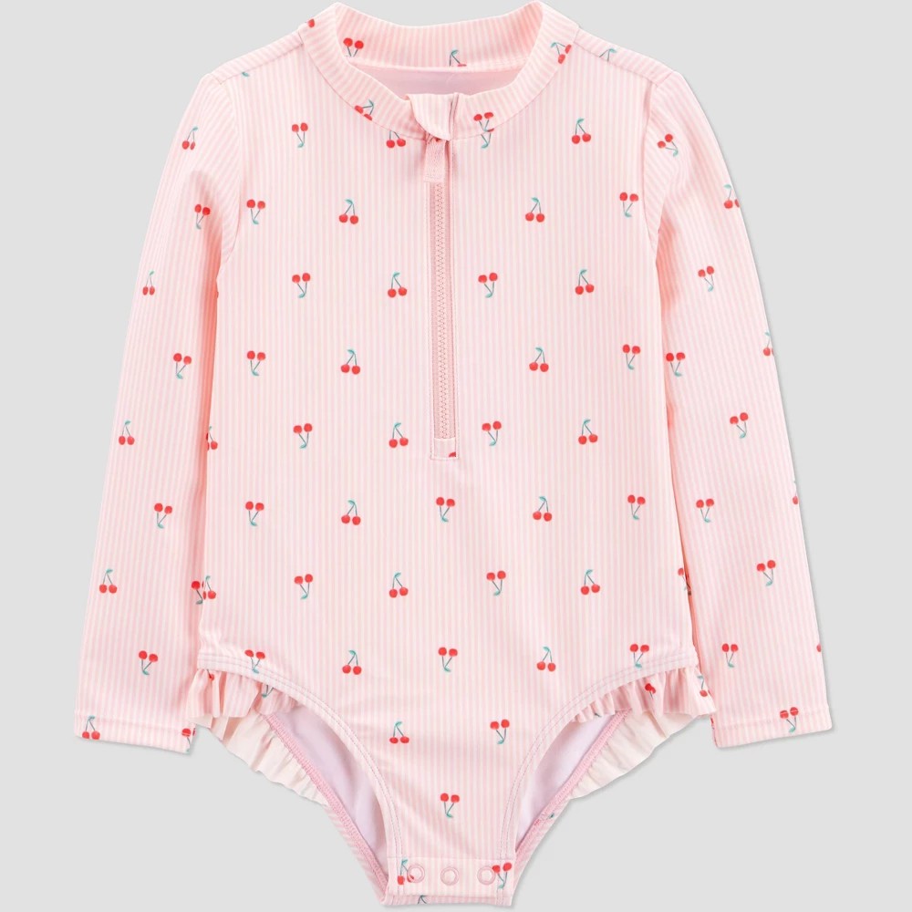 Carter's Toddler Girls' Long Sleeve Cherry Striped One Piece Rash Guard Swimsuit - 12M