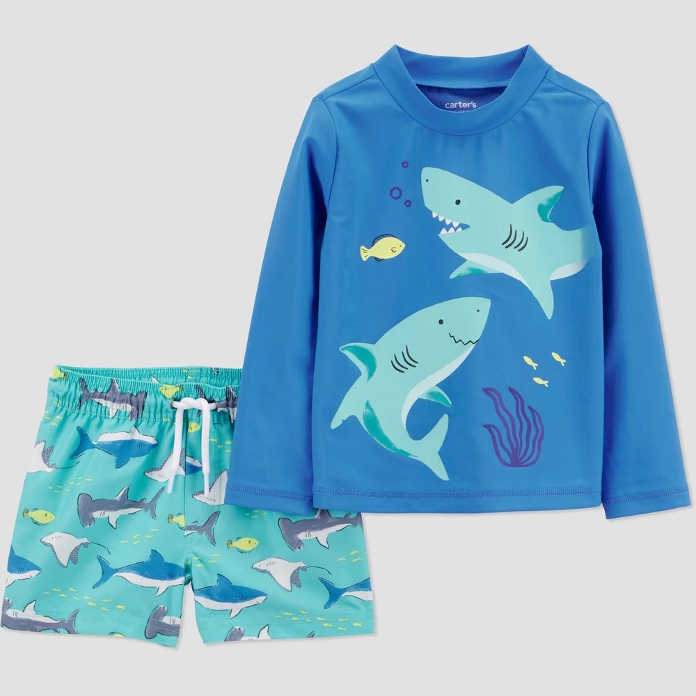 Carter's  Boys' Long Sleeve Shark 2PC Rash Guard & Swim Trunk Set - 12M
