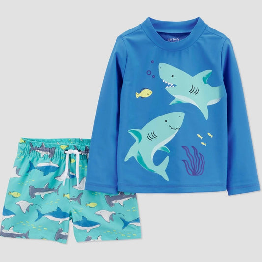 Carter's  Boys' Long Sleeve Shark 2PC Rash Guard & Swim Trunk Set - 12M