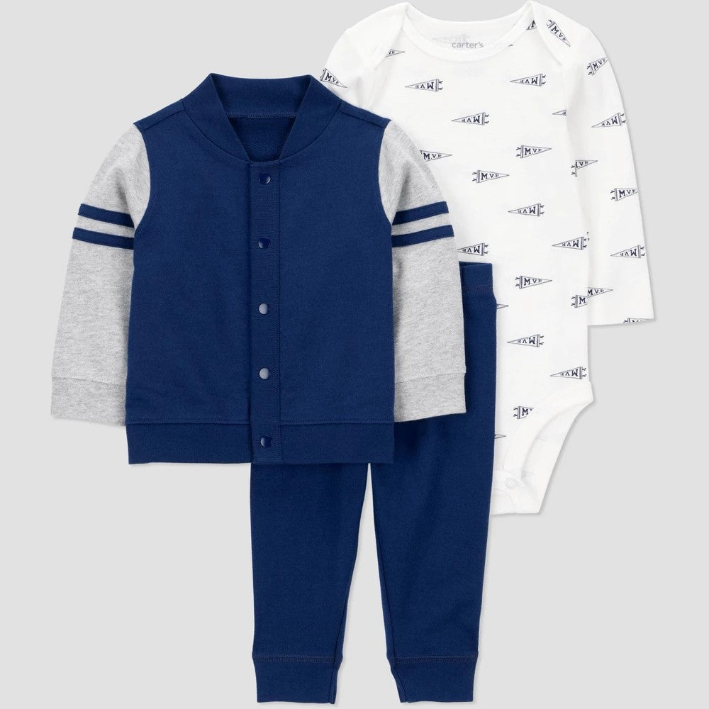 Carter's Baby Boys' 3pc Varsity Hooded Zip-up Sweatshirt with Bodysuit and Jogger Pants Set - Blue 9M