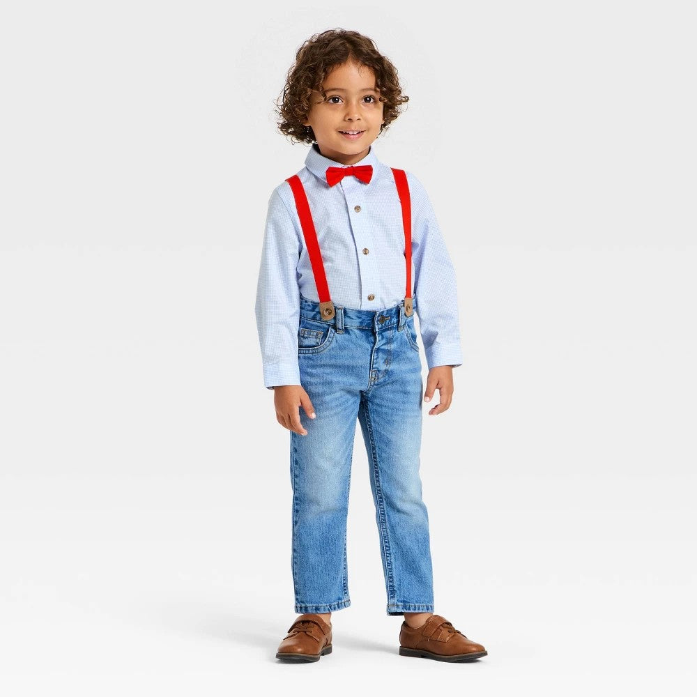 Cat & Jack Boys' 3pc Button-Down Shirt and Denim Pants Set with Bow Tie 18M