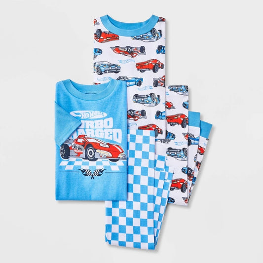 Hot Wheels Toddler Boys' 4pc Cotton Pajama Set 3T Blue/White