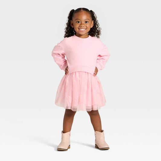 Cat & Jack Toddler Girls' Floral Sweatshirt Dress Soft Pink 2T