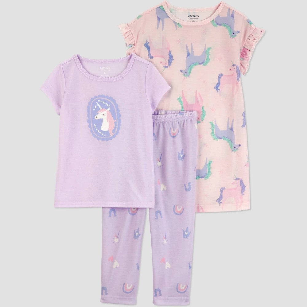 Carter's Toddler Girls' 3pc Unicorn Pajama Set Purple 4T