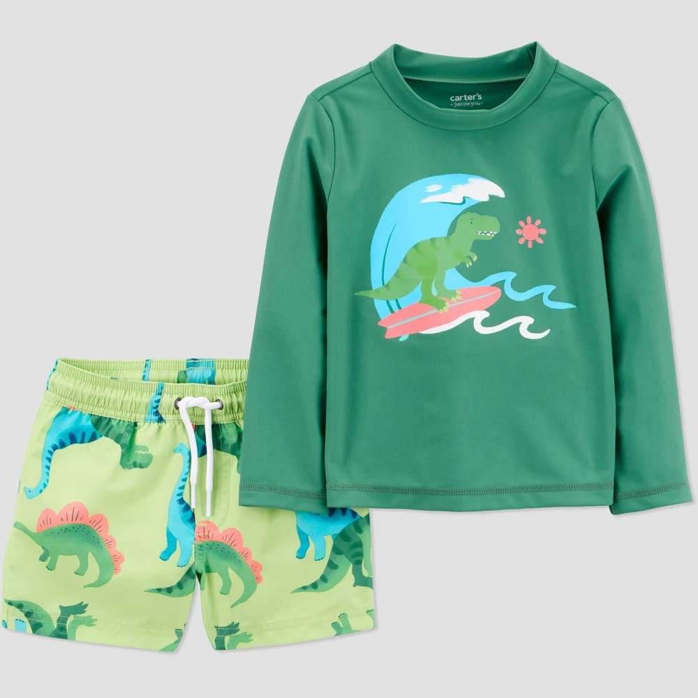 Carter's Toddler Boys' Long Sleeve Dino 2PC Rash Guard & Swim Trunk Set - Green 5T