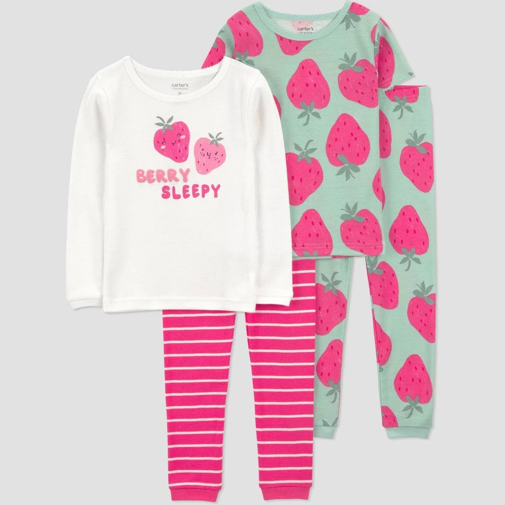 Carter's Girls' 4pc Snug Fit Strawberry Pajama Set - Pink/Green 3T