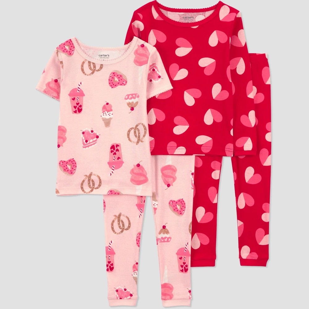 Carter's  Toddler Girls' Valentine's Day 4pc Cotton Snug Fit Hearts/Sweets Pajama Set - Red/Pink 2T