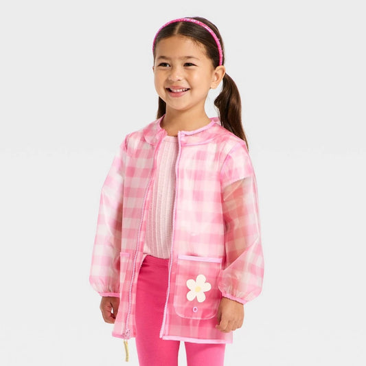 Cat & Jack Toddler Girls' Pink Gingham Daisy Rain Jacket 12M