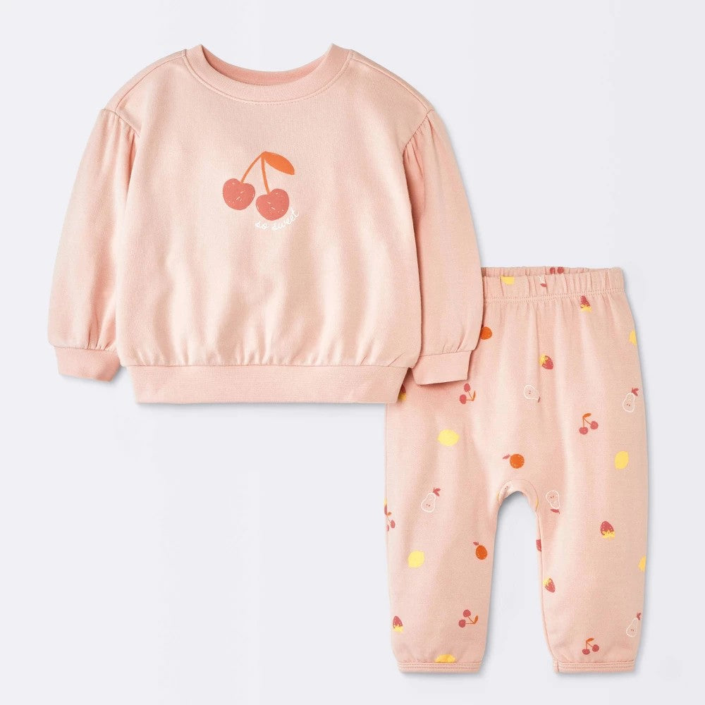 Baby Girls' 2pc Mixed Berry Fruit Modal French Terry Sweatshirt and Pants Set - Cloud Island Light Pink 3-6M