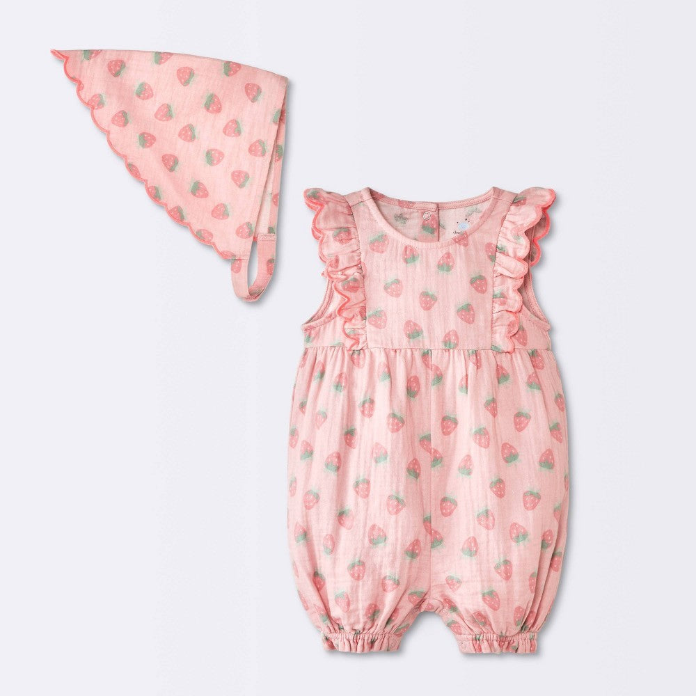 Baby Girls' 2pc Strawberry Fruit Scallop Tank Romper and Bonnet Set - Cloud Island Pink 3-6M