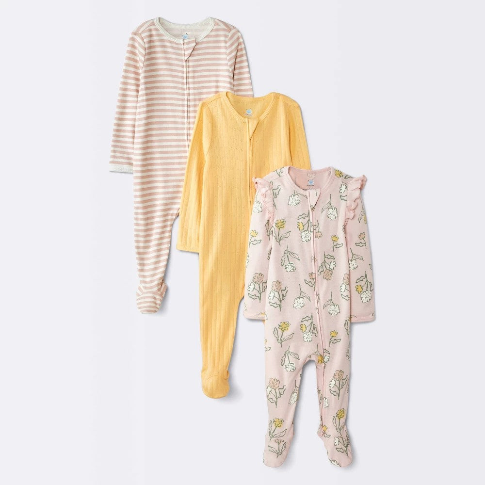 Cloud Island Baby Girls' Floral Sleep N' Play Pajamas, 6-9M 3pc
