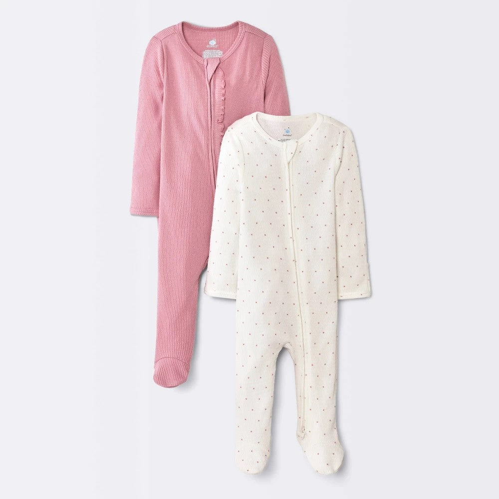Cloud Island Baby Girls' Footed Pajamas Mauve 0-3M Pack of 2