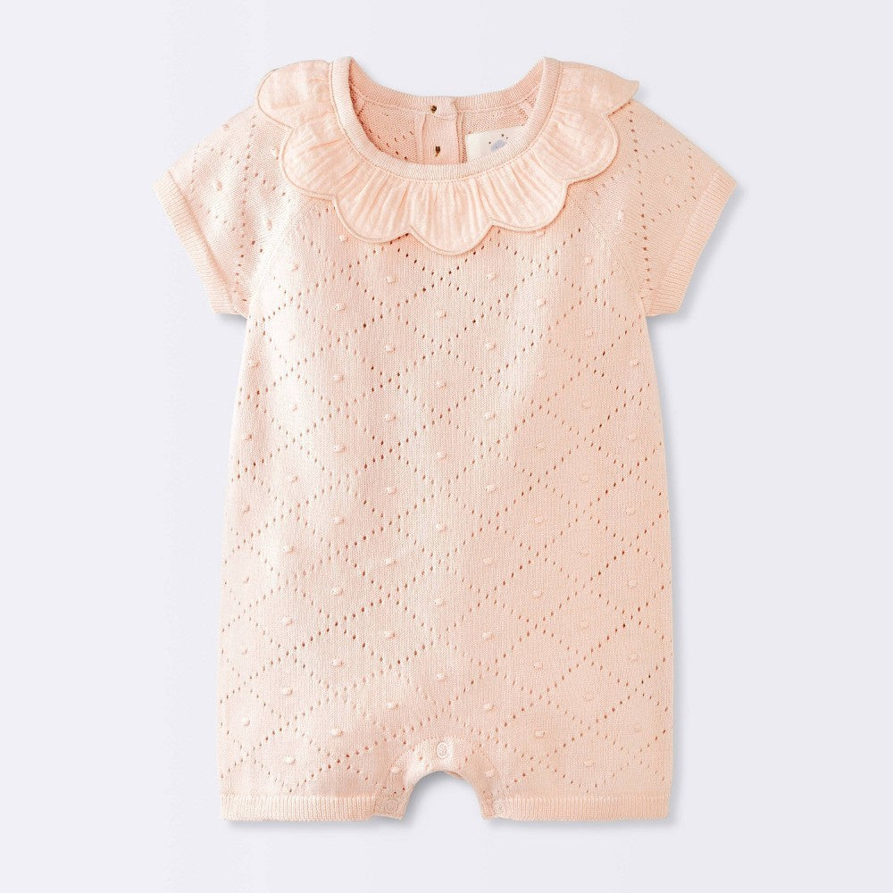 Baby Girls' Short Sleeve Ruffle Collar Sweater Romper - Cloud Island Pink 12M