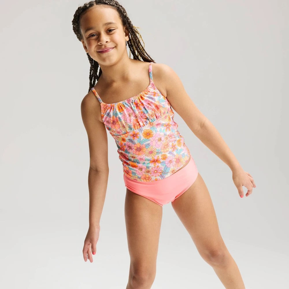 Cat & Jack Girls' Floral Print Tankini Set Coral Orange XS 2pc