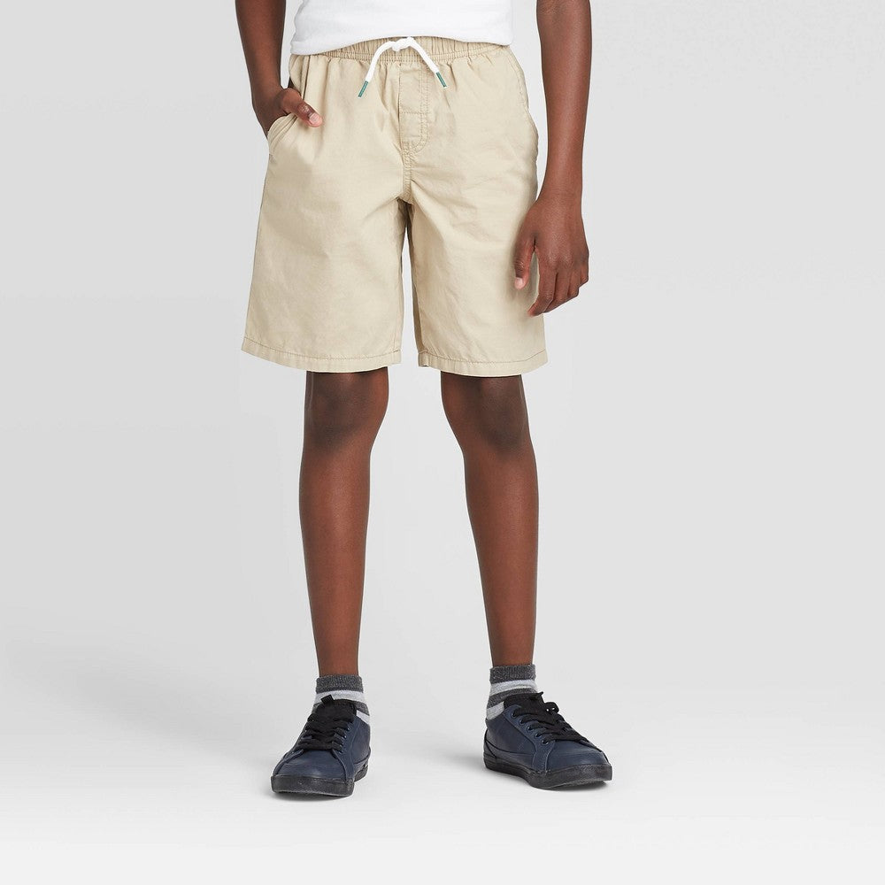 Boys' Playwear 'at the Knee' Pull-on Shorts - Cat & Jack™ Light Khaki M: Cotton Twill, Side & Patch Pockets