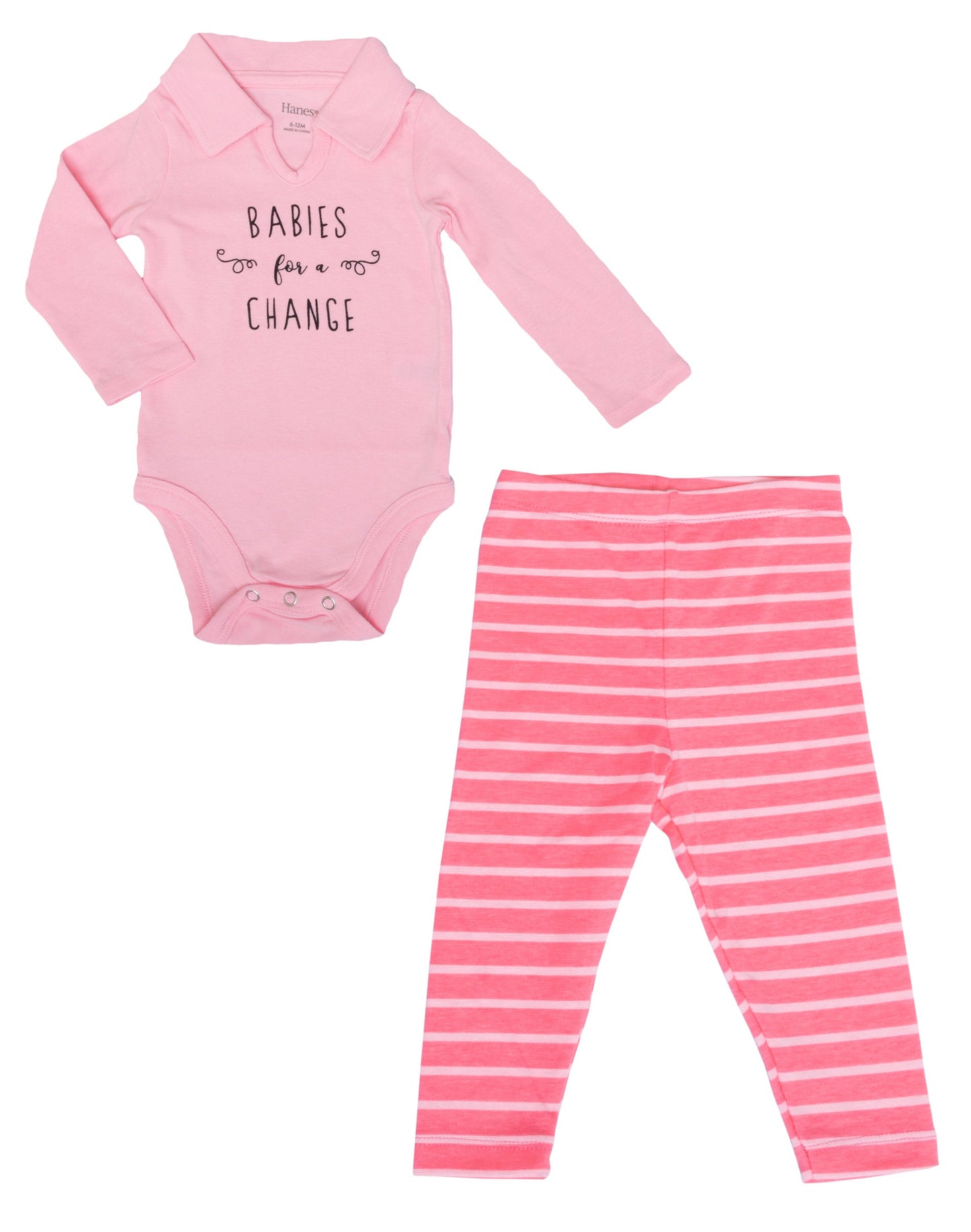 Hanes Ultimate Baby Knit Pant and Long Sleeve Polo Bodysuit 2-Piece Set Pink Stripe Fun 0-6M Girl