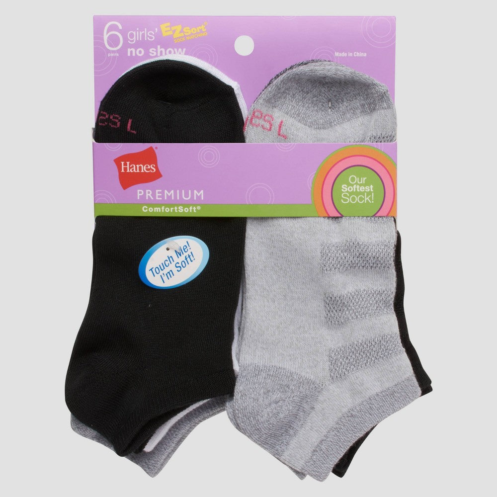 Hanes Premium Girls' 6pk No Show Solid Socks - Colors May Vary