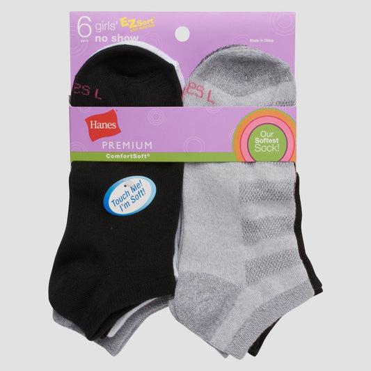 Hanes Premium Girls' 6pk No Show Solid Socks - Colors May Vary