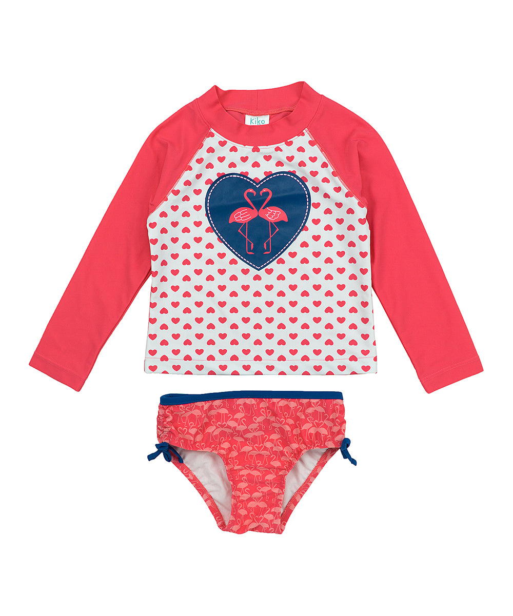 Kiko & Max Girls'  Size 3T Flamingo Hearts Rashguard Swim Set
