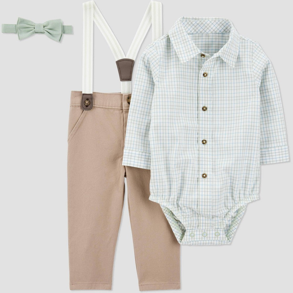 Carter's boys Plaid Suspender Set 9M:  Bodysuit, Chino Pants