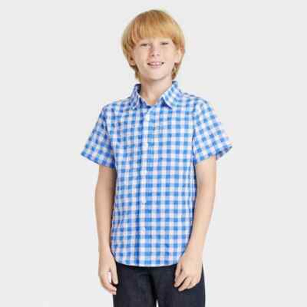 Cat & Jack Boys' Checkered Seersucker Shirt Blue Size M