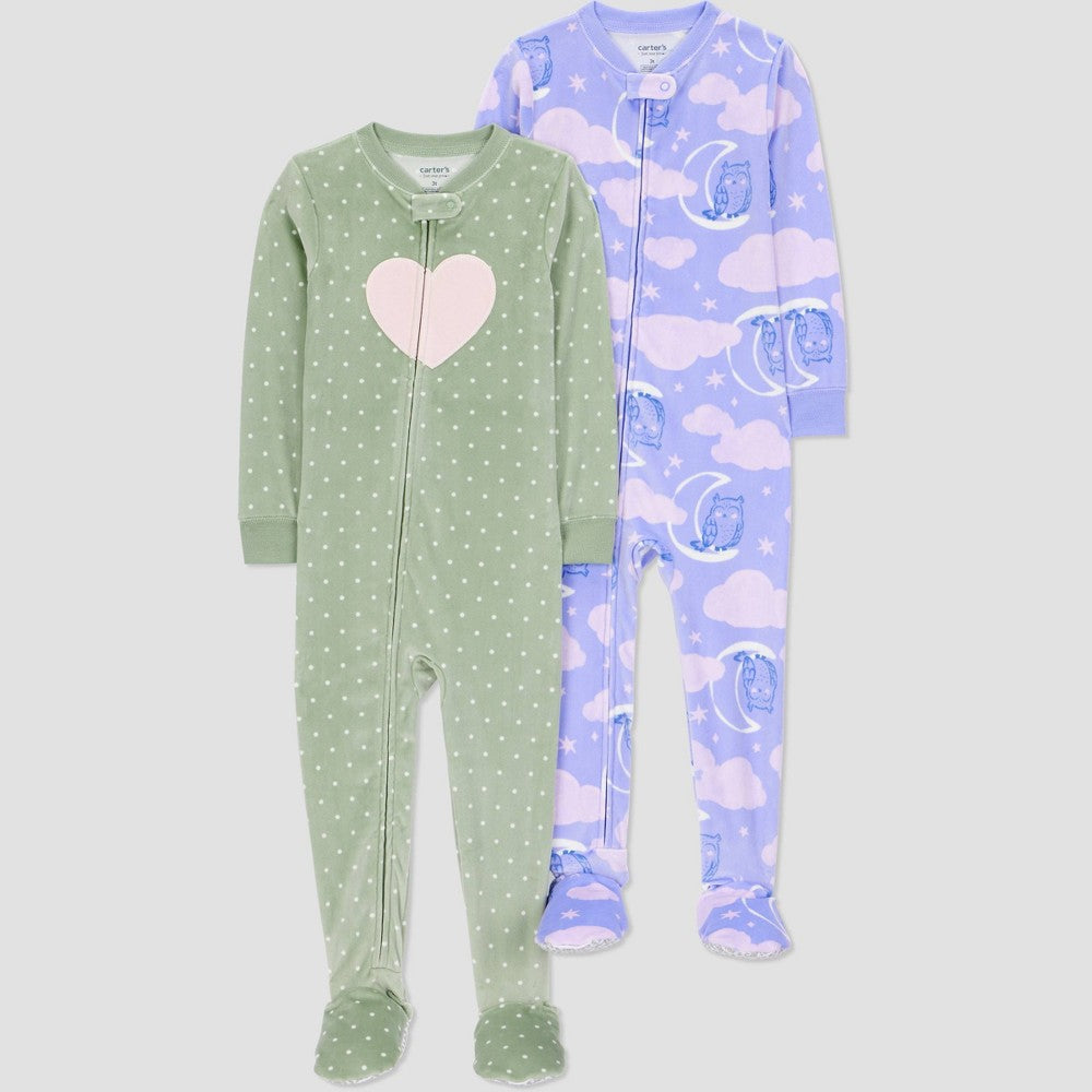 Carter's Toddler Girls' 2pk Velour Footed Pajamas 18M - Purple/Sage