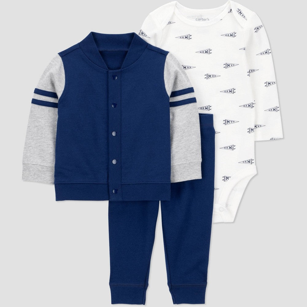 Carter's Baby Boys' 3pc Varsity Hooded Zip-up Sweatshirt with Bodysuit and Jogger Pants Set - Blue 9M