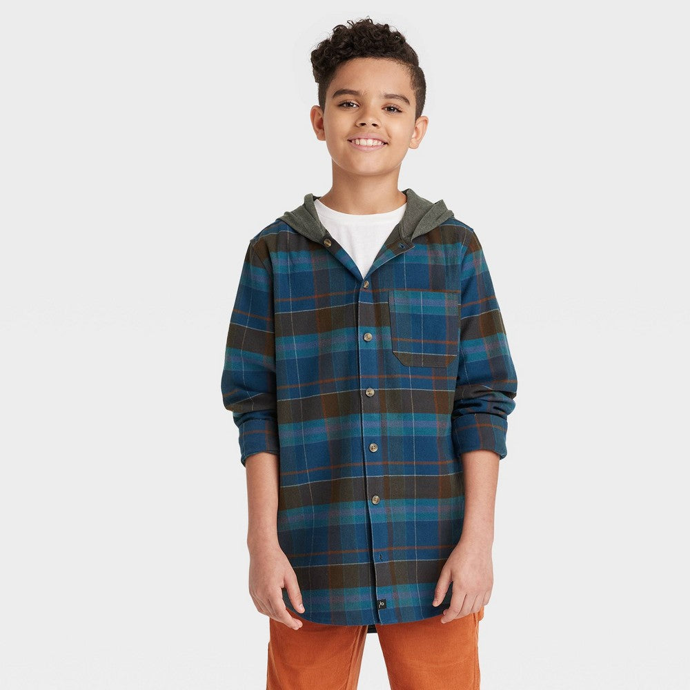 Art Class Boys' Flannel Hooded Shirt - Blue, Size S