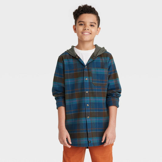 Art Class Boys' Flannel Hooded Shirt - Blue, Size S