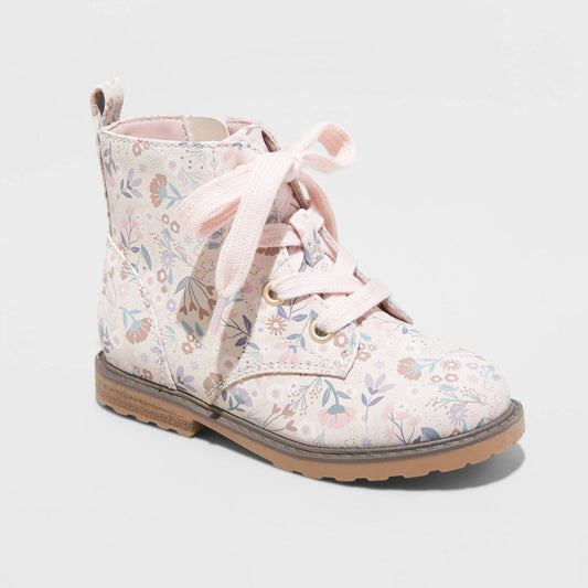 Toddler Girls' Giovanna Floral Print Lace-up Zipper Combat Boots Fashionable Style