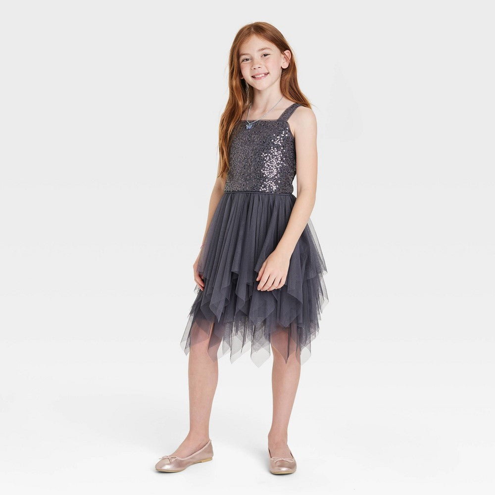 Cat & Jack Girls' Sequin Tiered Tulle Dress Charcoal Gray - L