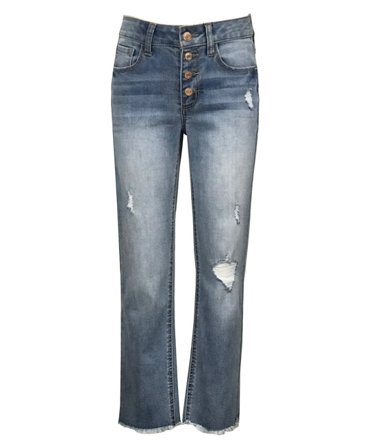 Imperial Star Big Girls Button Fly Destructed Straight Leg Jeans - Asta Wash