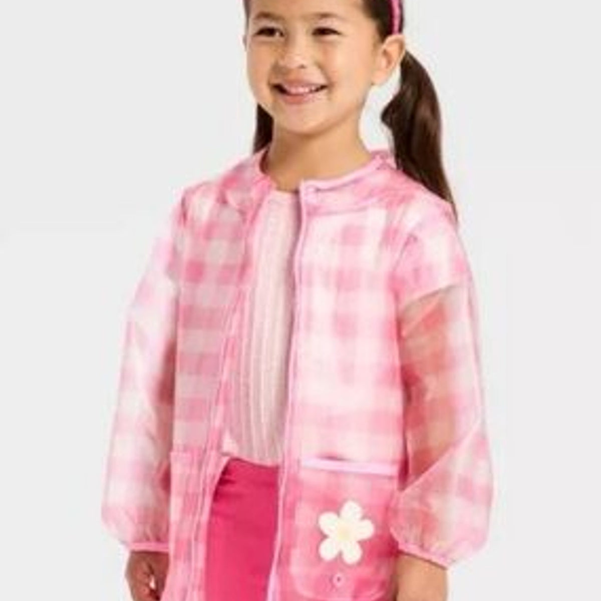 Cat & Jack Toddler Girls' Pink Gingham Daisy Rain Jacket 12M