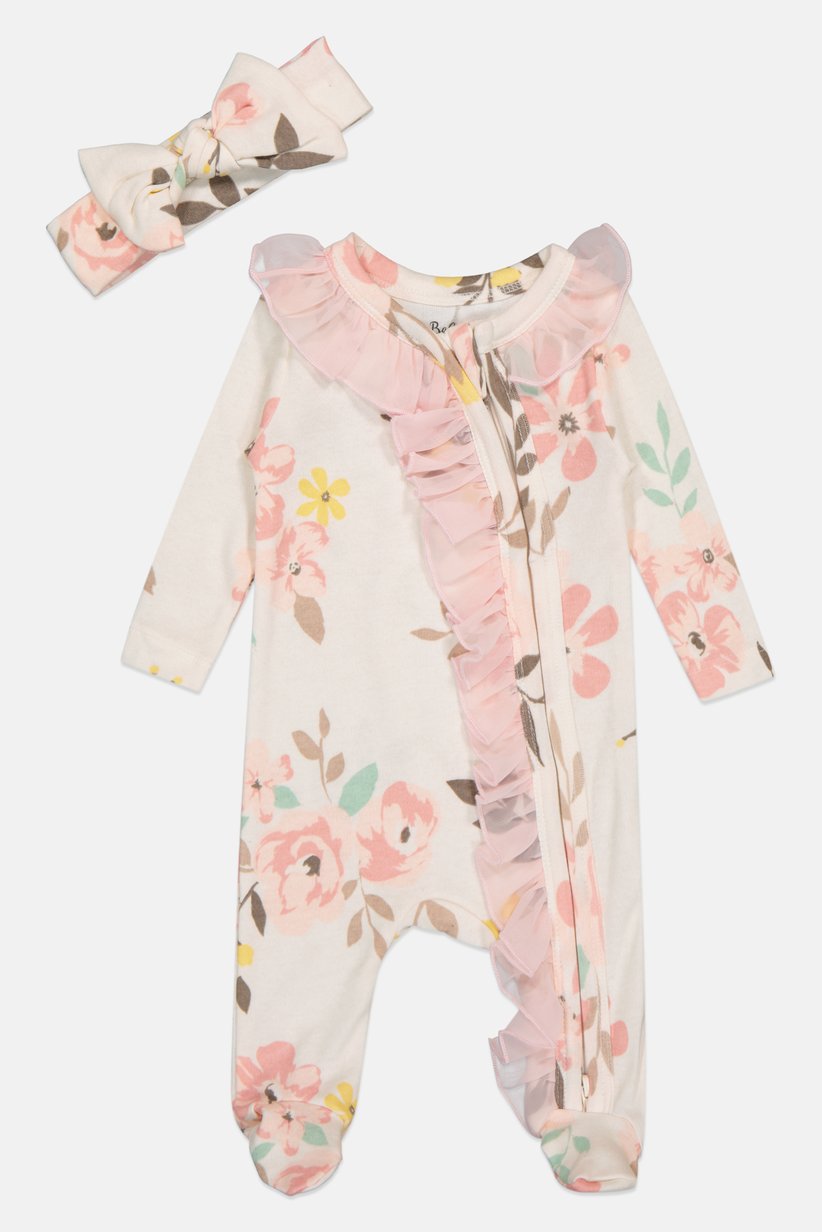 Baby essentials baby girl Floral Ruffle Footie and Headband Set 3M